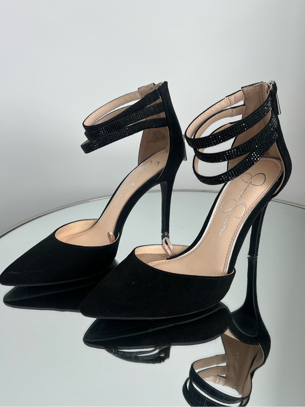 Jessica Simpson Black Strappy Stiletto Heels with Embellished Ankle Straps